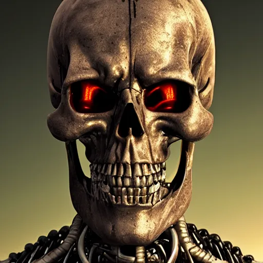 Image similar to skull of t-800 from Terminator, octane render, cgsociety, 4K, symmetrical