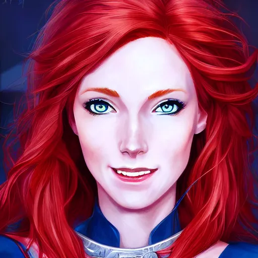 Prompt: a portrait of a young woman with red hair, smart, rich, shallan davar, blue eyes, beautiful, smiling, thick hair, rpg, dnd, artgerm style