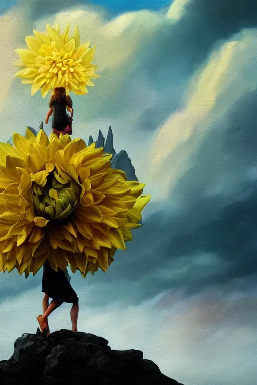 Image similar to closeup girl with huge yellow dahlia flower face, intricate, standing on mountain, surreal photography, blue storm clouds, dramatic light, impressionist painting, digital painting, artstation, simon stalenhag