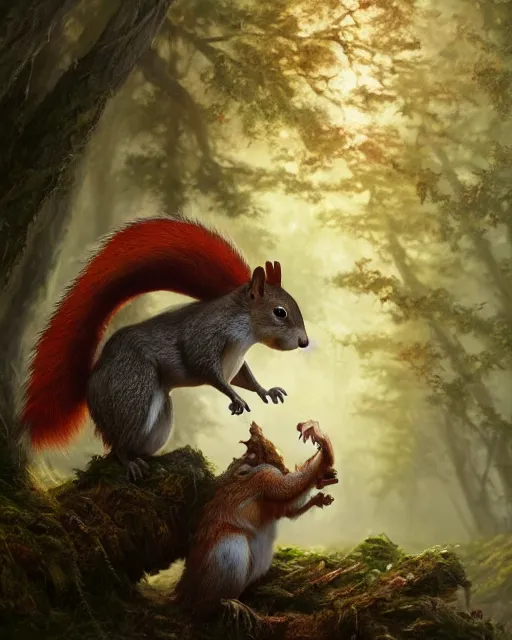 Image similar to oil painting of Anthropomorphized Squirrel attacking a monster, wearing leaf cloak,, sharp focus, fantasy style, octane render, volumetric lighting, 8k high definition, by greg rutkowski, highly detailed, trending on art Station, magic the gathering artwork, magical forest backround, centered