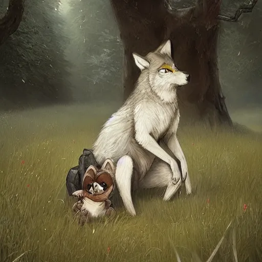 Image similar to A beautiful painting of an anthropomorphic wolf and rabbit sitting in a field and hugging, artstation trending, greg rutkowski