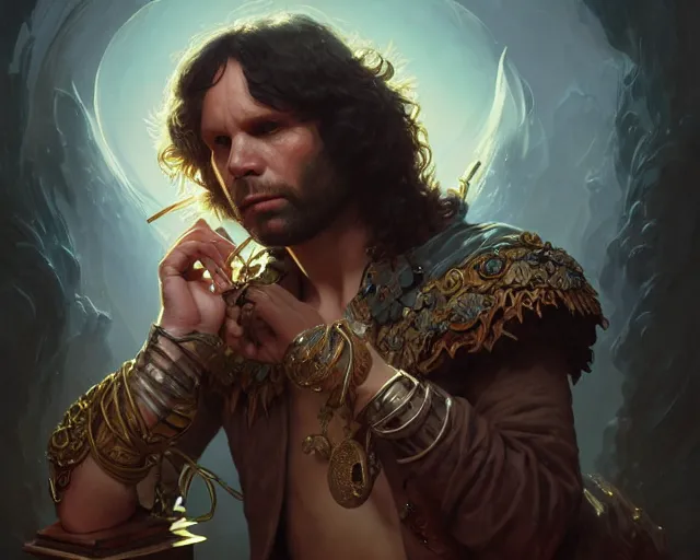 Image similar to jim morrison, 8 k, deep focus, d & d, fantasy, intricate, elegant, highly detailed, digital painting, artstation, concept art, matte, sharp focus, illustration, hearthstone, art by artgerm and greg rutkowski and alphonse mucha