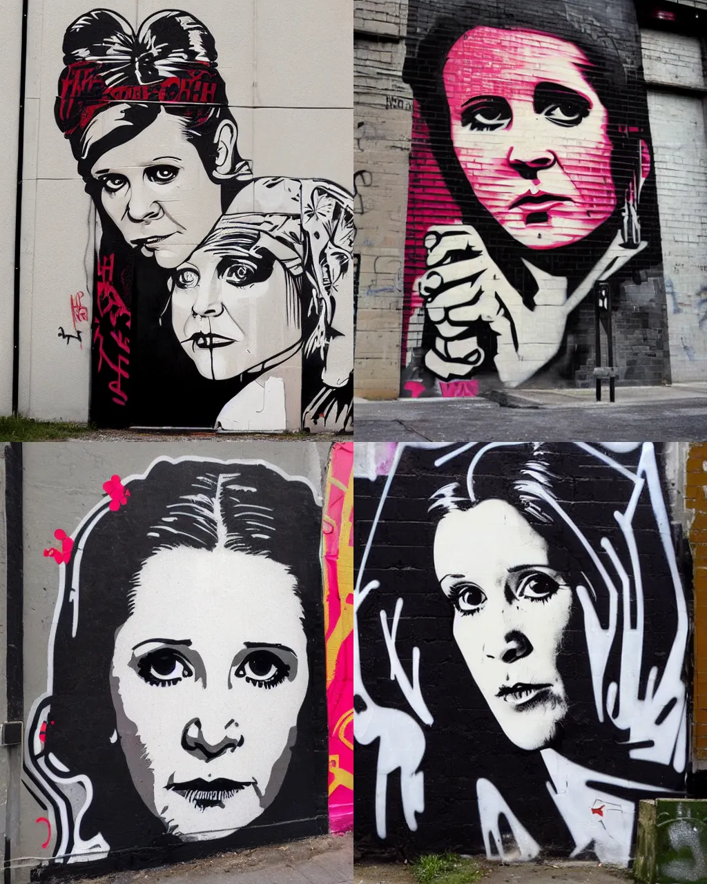 Prompt: graffiti portrait of carrie fisher, street art by shepard fairey and banksy