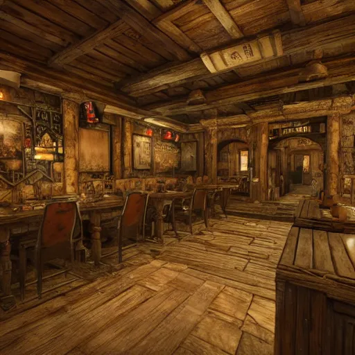 Image similar to Realistic Interior Concept design of very very very highly detailed Tavern in Mixed style of Medieval and in style of Cyberpunk, Many details by Hiromasa Ogura. More cyberpunk less Medieval. Panorama 360 degrees Rendered in unreal engine 5, artstationHD, 4k, 8k, 3d render, 3d Houdini, cinema 4d, octane RTX volumetric natural light without Yellow hue