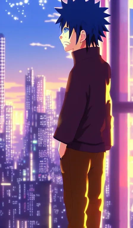 Image similar to anime fine details portrait of joyful Naruto in front of cyberpunk moder city landscape on the background deep bokeh, close-up view, anime masterpiece by Studio Ghibli. 8k, sharp high quality anime, artstation