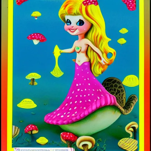 Image similar to kenner sea wees mermaids, glamour gals, mattel strawberry shortcake, dr snuggles cartoon, mushroom fantasy land, pastel rainbows, peter max yellow submarine style. professional poster. award winning.