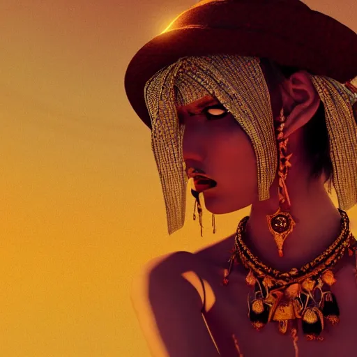 Image similar to giesha demon, innovative avant - garde art, deco fashion, asian desert nomad women, highly detailed, photorealistic portrait, serene desert setting, golden hour, crisp quality and light reflections, octane render