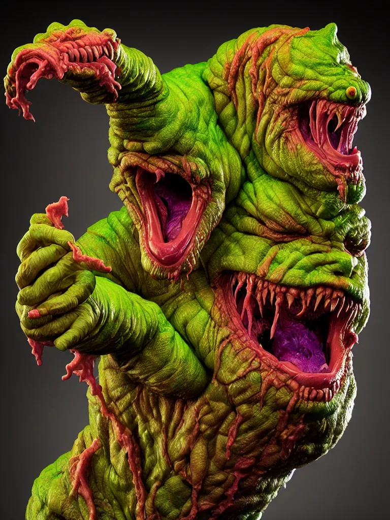 Image similar to hyperrealistic rendering, fat cronenberg flesh monster smooth kaiju by art of skinner and richard corben and jeff easley, product photography, action figure, sofubi, studio lighting, colored gels, rimlight, backlight