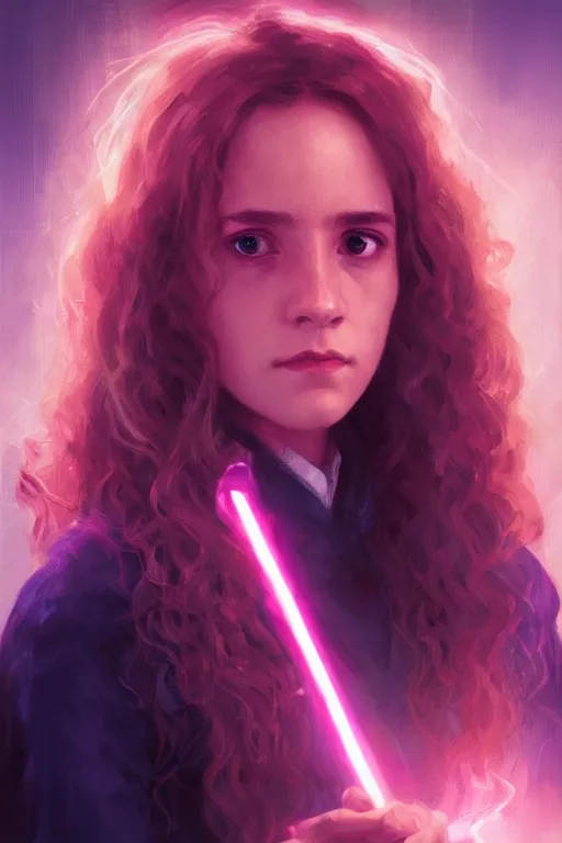 Image similar to portrait of Hermione Granger in cyberpunk, neon lighting, night city, digital art from artstation by Ruan Jia and Mandy Jurgens and Artgerm and william-adolphe bouguereau and Greg Rutkowski and Wayne Barlowe