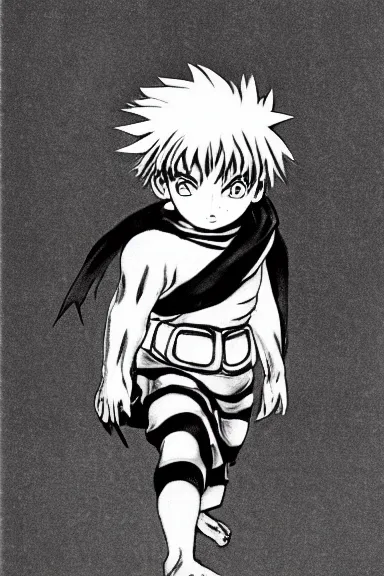 Image similar to attractive little boy wearing an ninja suit, black and white artwork made by kentaro miura and yoshihiro togashi