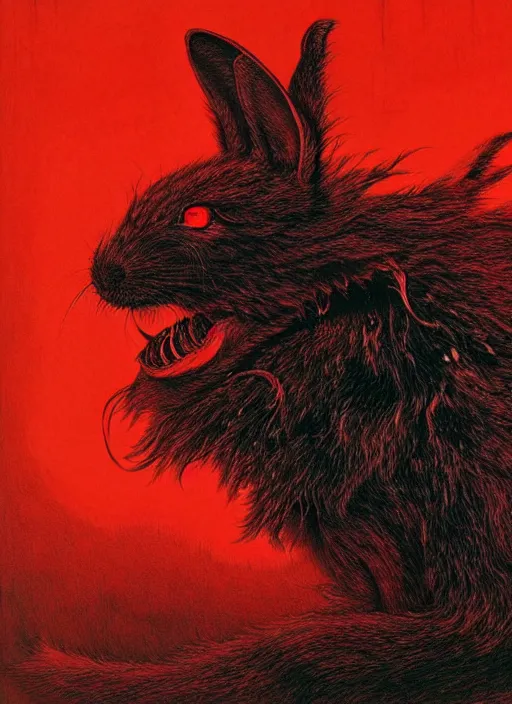 Image similar to a side view of chthonic neon fur demonic rabbit with red eyes and and black veins and white teeth and blood on arms, on background red lake on fire, highly detailed, art by Ayami Kojima, Beksinski, Giger