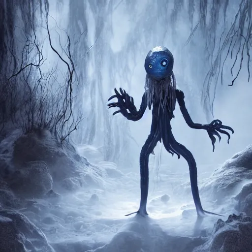 Image similar to a humanoid ethereal ghost like live action muppet wraith like figure with a squid like parasite as its head and four long tentacles for arms that flow gracefully at its sides like a cloak while it floats around a frozen rocky lake in the middle of the frozen woods searching for lost souls and that hides amongst the shadows in the trees, this character can control the snow and ice and has mastery of the shadows, it is known as the bringer of nightmares and the conqueror of the endless night terrors and staring too long can cause paralysis, it is a real muppet by sesame street surrounded by lost muppet souls, photo realistic, real, realistic, felt, stopmotion, photography, sesame street