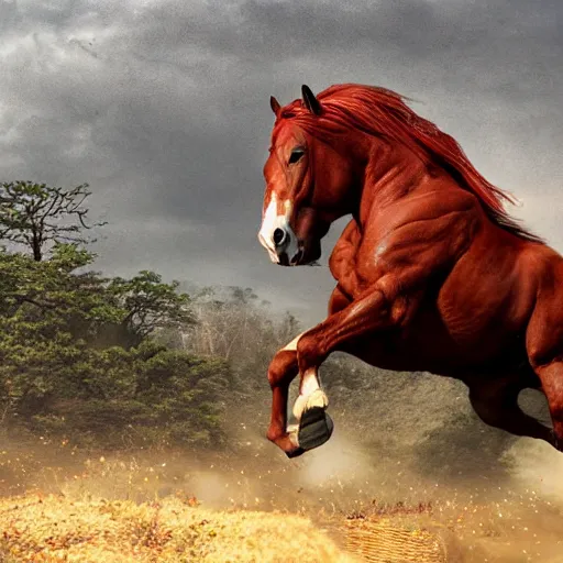 Image similar to Red ogre riding a horse, realistic, HD,