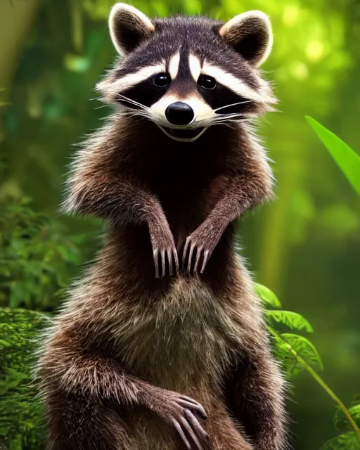 Prompt: a still from a pixar movie, closeup of a raccoon wearing brown explorer clothes, standing in an overgrown dense tropical forest, butterflies and sunrays, hd 4 k high detailed