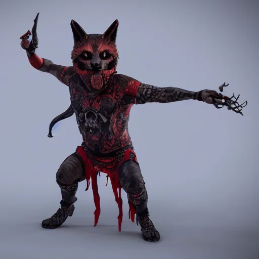 Prompt: highly detailed render of a man wearing a skull fox mask playing a red sintethizer, full body with tattoos, two arms two legs, vray render, unreal engine, highly detailed faces, thin body,