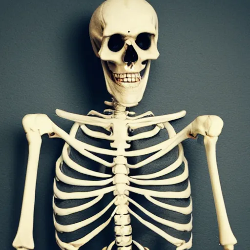 Prompt: awkward camera shot of a skeleton in human clothes