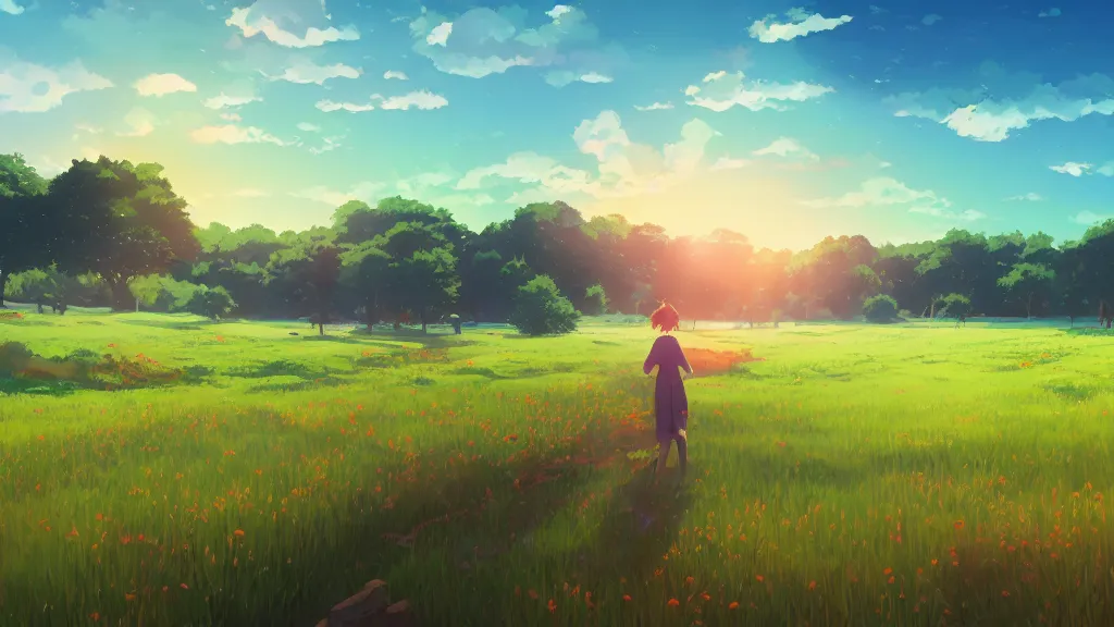 Prompt: landscape of a farm field background, rich vivid colors, ambient lighting, dynamic lighting, 4k, HQ, official media, concept art, anime key visual, makoto shinkai, ilya kuvshinov, lois van baarle, rossdraws, detailed, trending on artstation