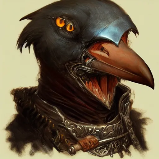 Prompt: a portrait of a crow sorcerer dressed with a leather armor, by justin gerard and jean baptiste monge, digital art, realistic painting, dnd, character design, trending on artstation