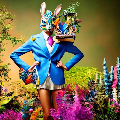 Prompt: a super model wearing a blue suit and a bunny mask, looking feminine and fierce , in the middle of a colorful garden, Alice in wonderland theme, detailed, cinematic lighting, photo in the style of Annie Leibovitz and David lachapelle and Steve meiele