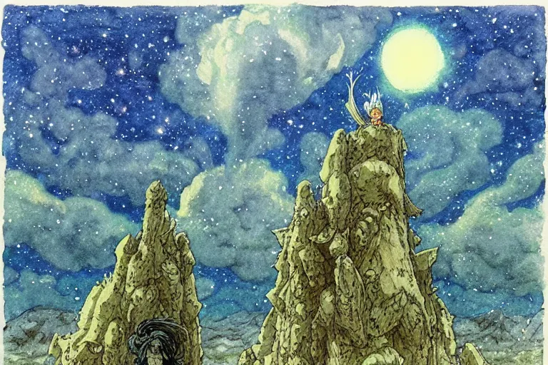 Image similar to hyperrealist studio ghibli watercolor fantasy concept art of a kaiju using stonehenge as a chair. it is a misty starry night. by rebecca guay, michael kaluta, charles vess