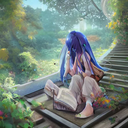 Prompt: advanced digital art. an abandoned train station overgrown with vines and flowers, A beautiful girl with long blue hair is sitting on a bench reading. Digital Anime painting. Drawn by Sakimichan, WLOP, RossDraws, pixivs and Makoto Shinkai, trending. —H 2160