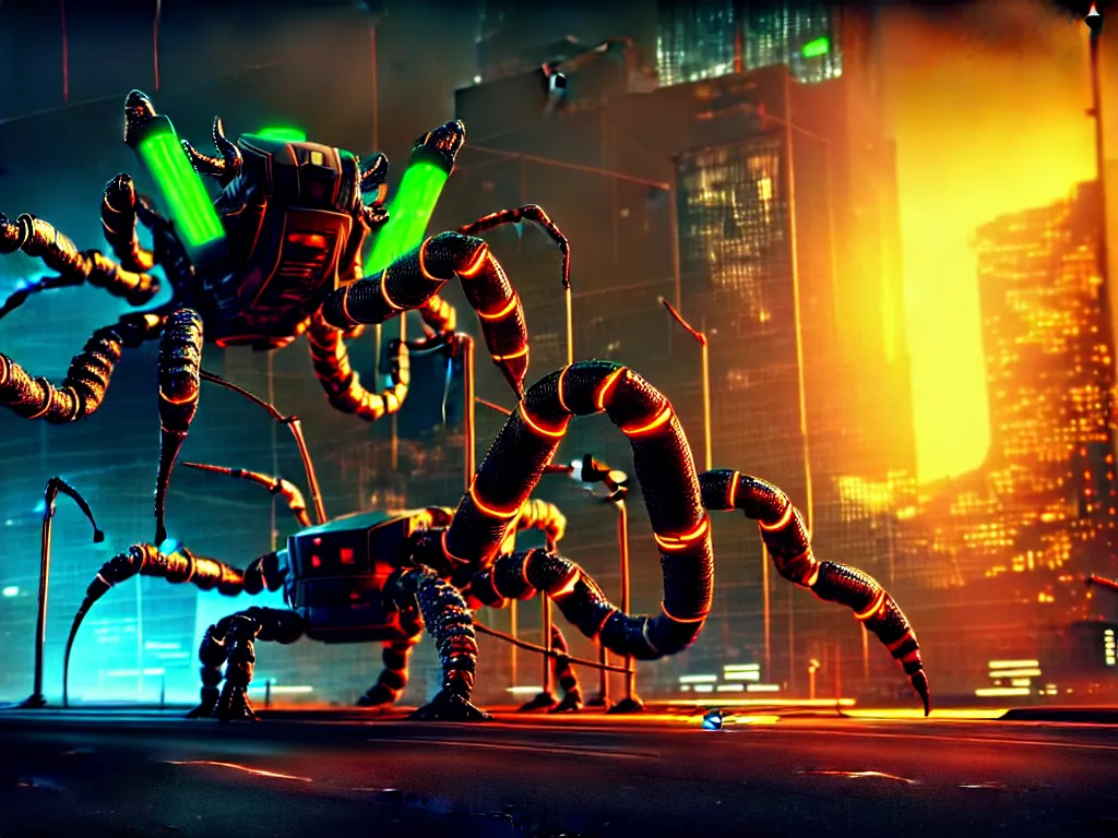 Image similar to A frightening gigantic evil robot scorpion in a futuristic city with pipes and tubes and wires, hyperealistic very colourful hdr cinematic lighting cgi render photorealistic cinematic octane render