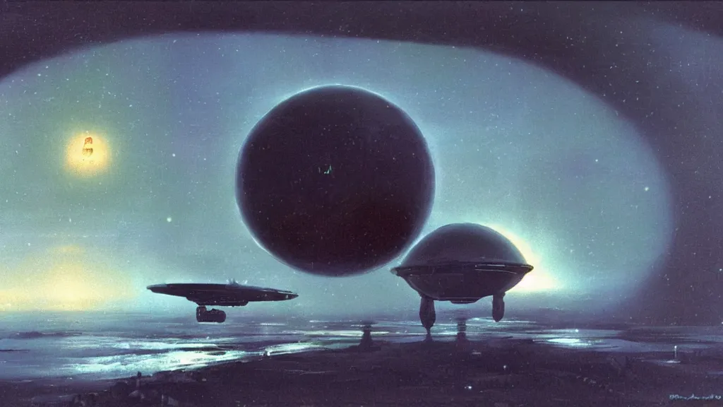 Image similar to eerie atmospheric alien planet with a small dropship pod landing by paul lehr and jack gaughan and john schoenherr, epic cinematic matte painting