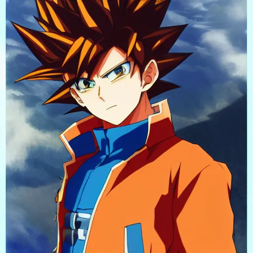 Prompt: 1 7 - year - old orange - gold haired anime boy wearing blue jacket, spiky hair, super saiyan aura, subsurface scattering, intricate details, art by toei, art by studio gainax, studio trigger art