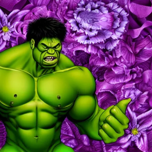 Image similar to hyper realistic image of hulk with love and flowers