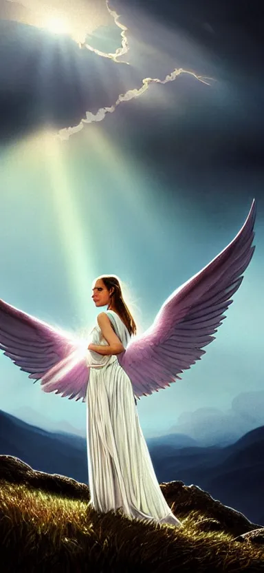 Image similar to royalty angel, big wings, argentina, natalie portman, hudson river school, max rive, full plate armor, f 1 6, bokeh, gentle, female, snowy mountain, storm clouds, god rays, close up portrait, d & d, fantasy, elegant, teal pink white gold color palette, concept art, roger deakins and greg rutkowski and alphonse mucha