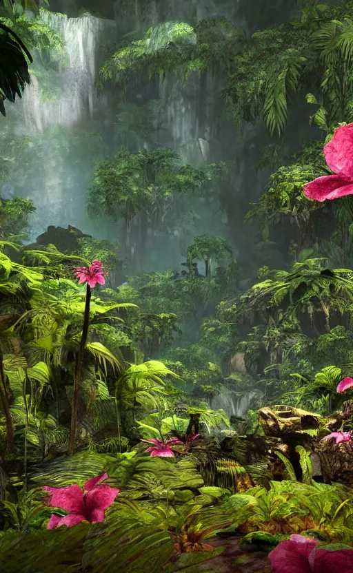 Image similar to a beautiful render of a dark prehistoric rainforest in a humongous cave, lush flora, patches of sky, magenta flowers, sunset, floating mountains and a waterfall in the background, intricate detail, hazy, humid, volumetric lighting, 8 k, photorealistic, raytracing effects, unreal engine 5