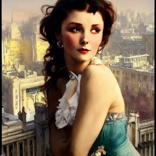 Image similar to a young vivian leigh, city background, dramatic lighting, high detail, painted, by greg rutkowski, painted by stanley artgerm, painted by alphonse mucha, trending on artstation