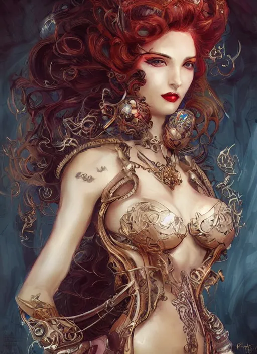 Image similar to front portrait sensual Lady Mechanika with ginger wavy hair, Intricate, Victorian era imagery themed, D&D!, fantasy style, sharp focus!, ultra detailed, art by Artgerm and Peter Andrew Jones, WLUP