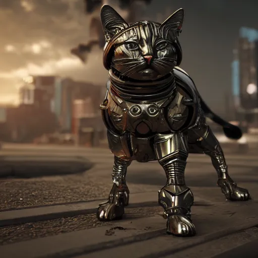 Prompt: cat with metal armor, octane render, 8 k, scyfy, cyberpunk