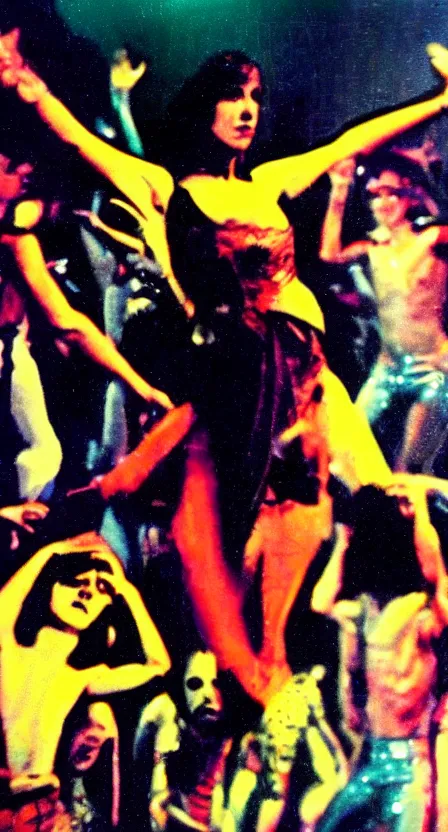 Prompt: the Antichrist dancing at Studio 54, disco, saturated color, high contrast, depth of field, 1976, bad vhs