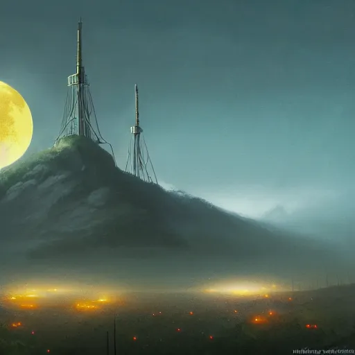 Image similar to Mountain covered with mist and radio tower on top of it, yellow moon directly behind. highly detailed art of Greg Rutkowski, night setting, 4k artsrstion trending