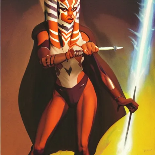 Image similar to Ahsoka with light by frank Frazetta