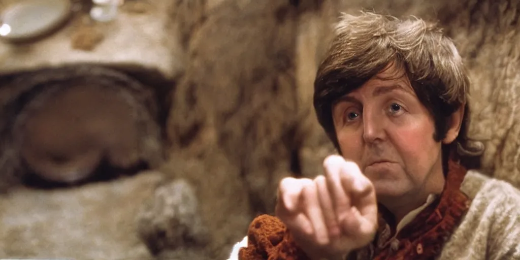 Image similar to A full color still of 30 year old Paul McCartney holding a small ring, dressed as a hobbit inside his house at night with firelight, directed by Stanley Kubrick, 35mm, 1970