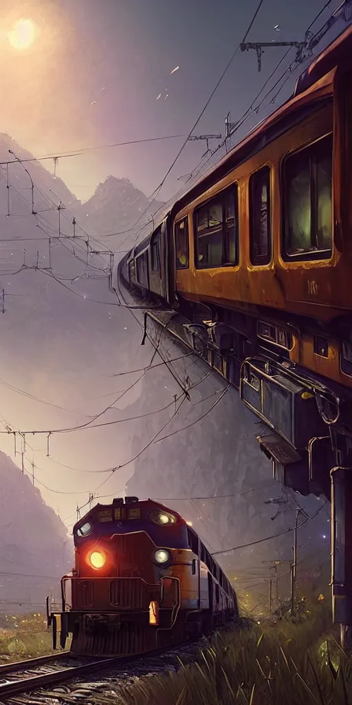 Image similar to highly detailed train in gta v, stephen bliss, unreal engine, fantasy art by greg rutkowski, loish, rhads, ferdinand knab, makoto shinkai and lois van baarle, ilya kuvshinov, rossdraws, tom bagshaw, global illumination, radiant light, detailed and intricate environment