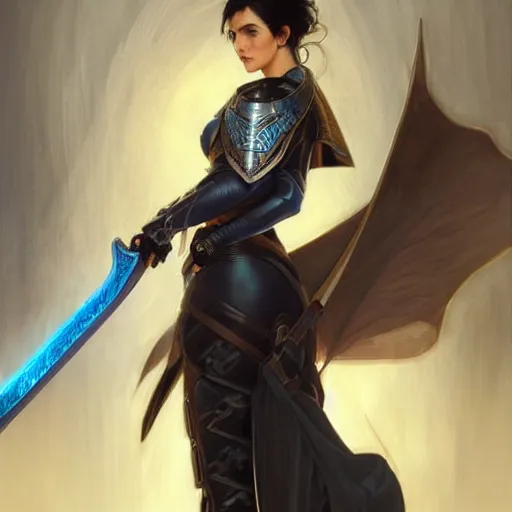 Image similar to portrait, woman dressed in plate armor with black hair and blue eyes wielding a greatsword, elegant, digital illustration, fire magic, detailed, intricate, sharp focus, digital painting, deep focus, digital painting, artstation, concept art, matte, art by artgerm and greg rutkowski and alphonse mucha