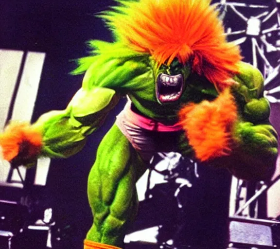 Image similar to blanka from street fighter in an eighties new wave band,