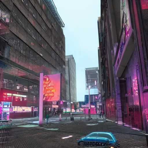 Prompt: the famous four corners in glasgow in a cyberpunk style