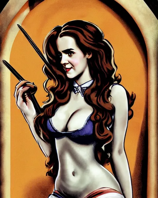 Image similar to pinup photo of hermione granger by emma watson in the crowded square of hogwarts, by enoch bolles, glossy skin, pearlescent, very coherent, very detailed