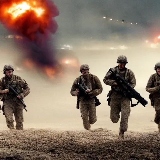 Image similar to american soldiers running at the camera during normandy beach landing with fiery explosions and debris all around them in the style of the movie lone survivor and saving private ryan, gritty, 4 k, cinematic lighting,