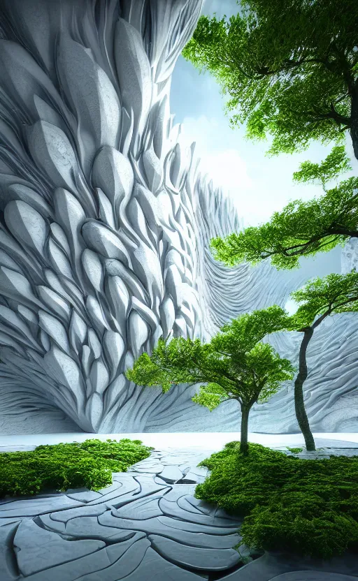 Prompt: highly detailed ultra sharp 3 d render cinematic composition of a smooth ceramic porcelain magnolia stone white fluid fractal sci - fi surreal architecture landscape, marble, magnesium, vining foliage blooms, archviz, vincent callebaut composition, mamou - mani, beautiful lighting, 8 k, unreal engine, hdr, dof