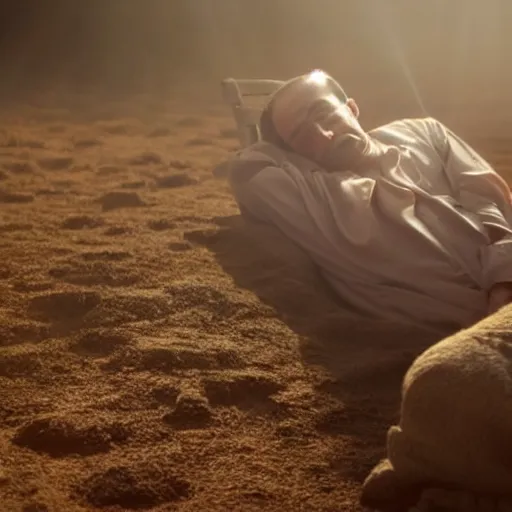 Prompt: close - up of a priest sleeping in a large clay pot, foggy, sun rays, cinematic shot, photo still from movie by ari aster