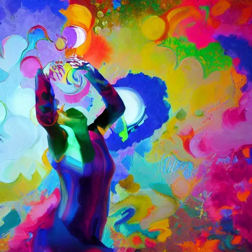 Image similar to A colorful painting of a joyful female artist playing with her creativity in the infinite loving universe by Brenda Zlamany and Craig Wylie, Trending on artstation, studio lighting
