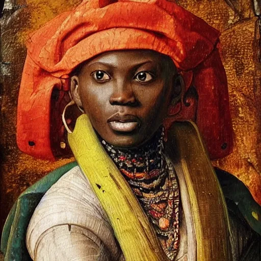 Prompt: A 14th century African renaissance oil painting, portrait, grainy, realistic, very realistic, hyperrealistic, highly detailed, very detailed, extremely detailed, very neat, very epic, very cool, detailed, trending on artstation made by Sam Gilliam and Edmonia Lewis