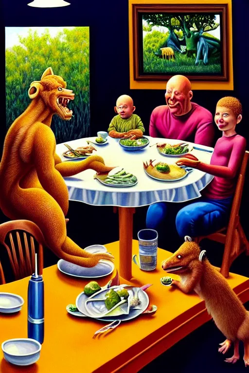Image similar to a hyperrealistic painting of a chimeric creature sitting down at dinner table with happy suburban family on a sunday night while dad reads a newspaper, by chris cunningham and richard corben, highly detailed, vivid color,