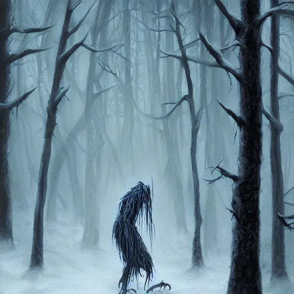 Image similar to cloaked humanoid wendigo feasting, nighttime located in a snowy dark forest, lurking horror, distant shot, dungeons and dragons, magic the gathering, forboding, high detail, oil painting, style of seb mckinnon